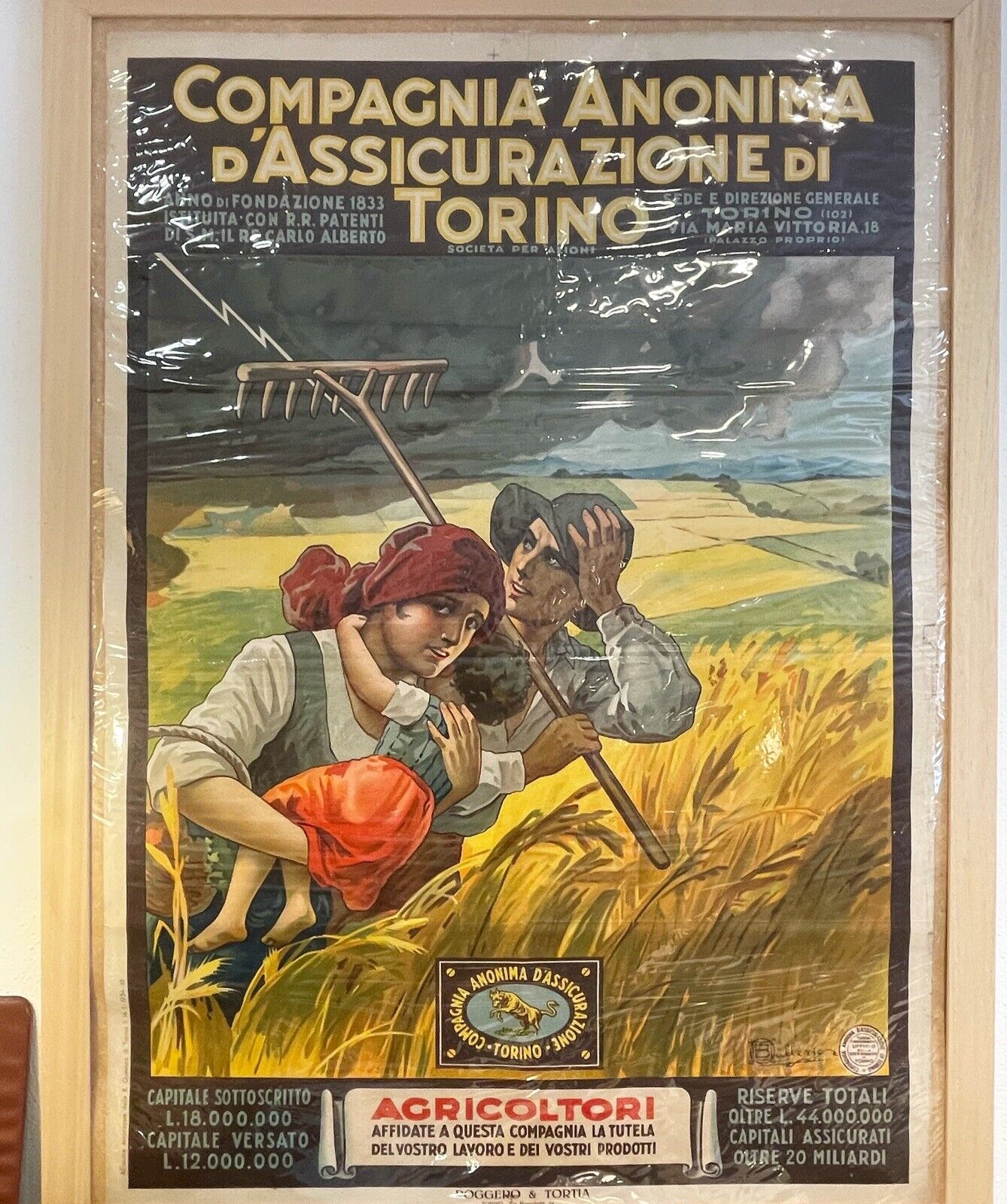 Manifesto originale Osvaldo Ballerio - 1934 - Compagnia d'Assicurazioni Toro