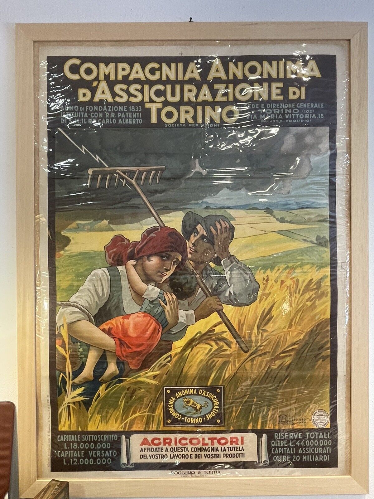 Manifesto originale Osvaldo Ballerio - 1934 - Compagnia d'Assicurazioni Toro